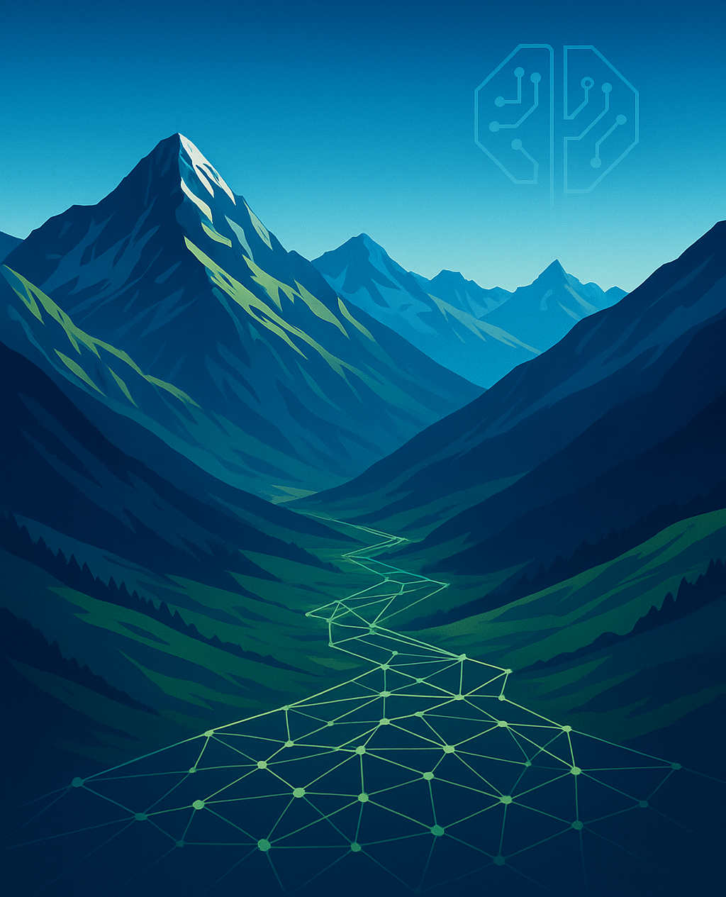 A modern, stylized view of the Tyrolean Alps in the Stubai Valley, with prominent peaks and valleys. In the foreground, a digital-looking path or network of connected lines and nodes leads from the valley up into the mountains, symbolizing digital transformation. Subtle AI elements are integrated into the landscape, such as abstract geometric patterns or a faint AI symbol blended into the sky.