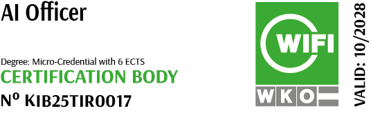 WiFi-Cert seal for certified AI-Officier. With Number KIB25TIR0017 and a valid date until 10/2028