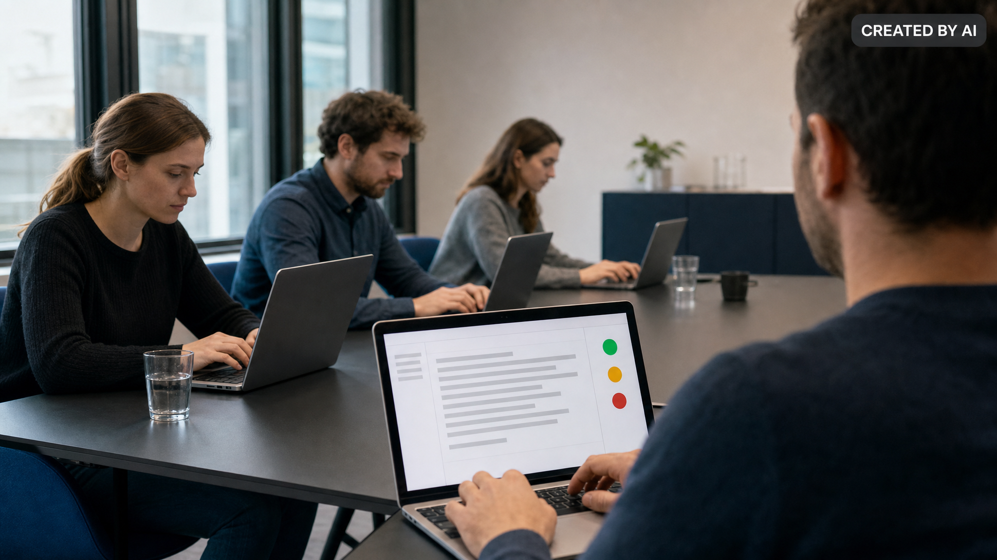 Vier Teilnehmende sitzen an einem langen Tisch in einem hellen Schulungsraum, jede und jeder an einem eigenen Laptop und konzentriert am Tippen; kein Beamer, keine Folien. Auf dem vorderen Bildschirm eine abstrakte Oberfläche mit drei Statuspunkten in Grün, Gelb und Rot.