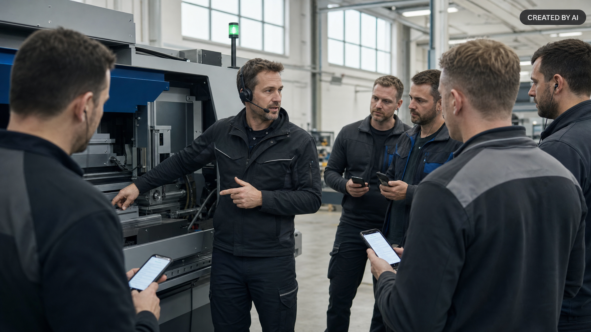 Symbolbild: Ein Trainer mit Headset erklärt in einer hellen Werkshalle an einer Produktionsmaschine; mehrere Servicetechniker stehen im Halbkreis darum, einige lesen auf ihrem Smartphone mit, andere hören über Ohrhörer zu.